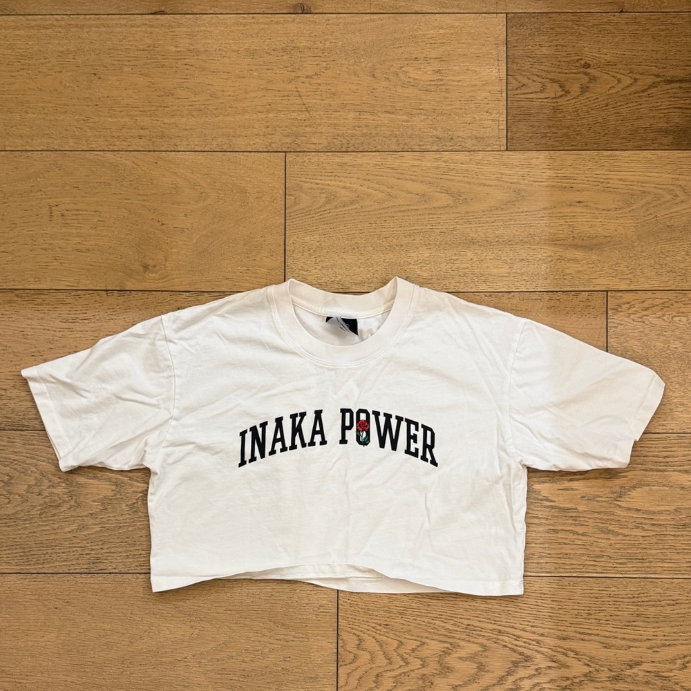 Inaka Power White Cropped Logo Tee with Red & Green Detail